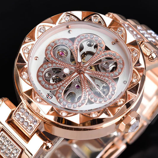 Forsining Mechanical Automatic Ladies Watches Top Brand Luxury Rhinestone Female Wrist Watches Rose Gold Stainless Steel Clock - GM Traders