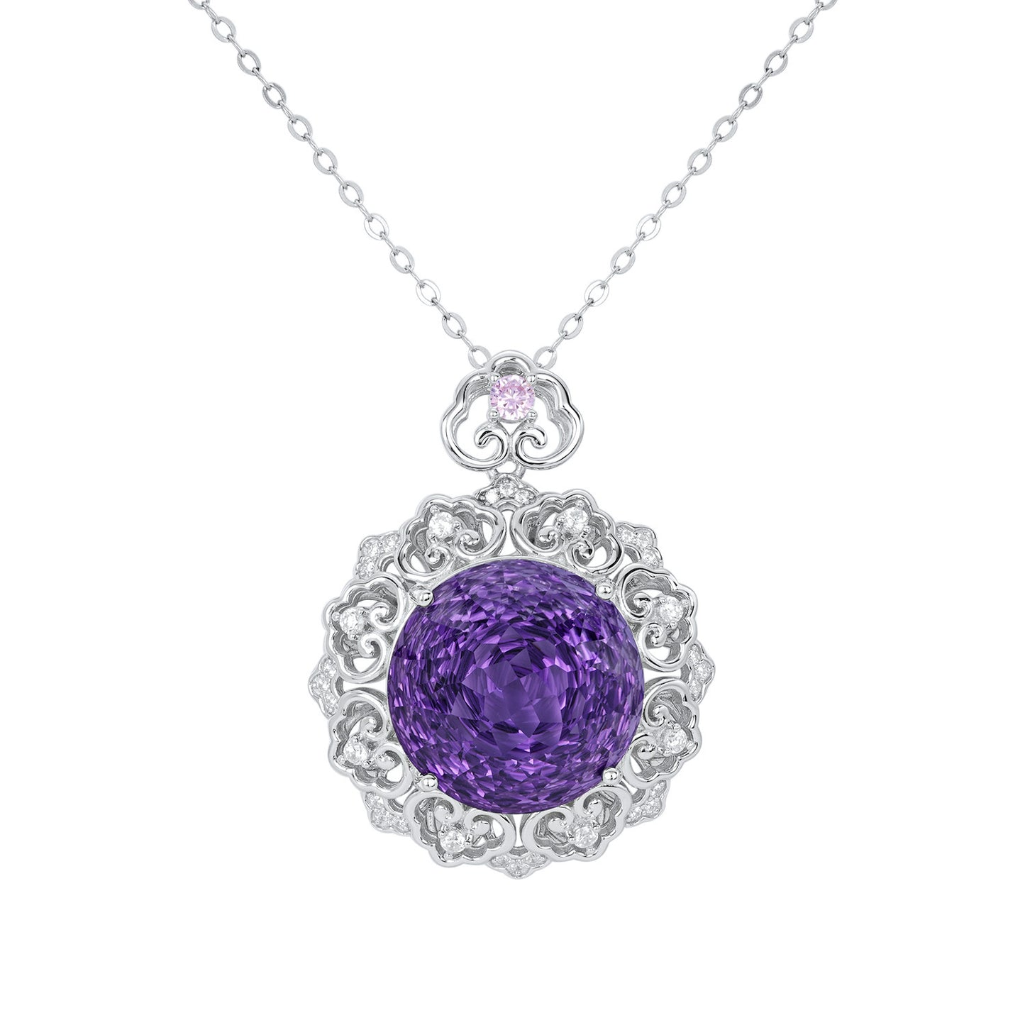 Luxurious S925 Silver Set Natural Amethyst Pendant Female Vintage Pattern Senior Jewelry Quality Sweater Chain - GM Traders
