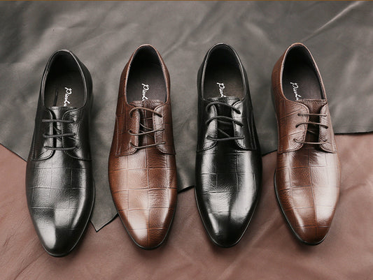 Men's Leather Shoes Cowhide Checkered Single Shoes Handmade Derby Shoes Pointed Leather Men's Shoes - GM Traders