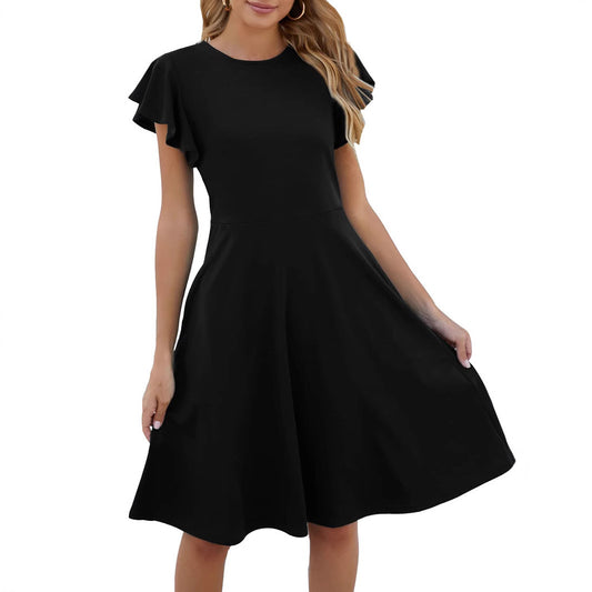 Short Sleeve Round Neck Elegant Ruffle Sleeve Solid Color Casual Mid-length Dress