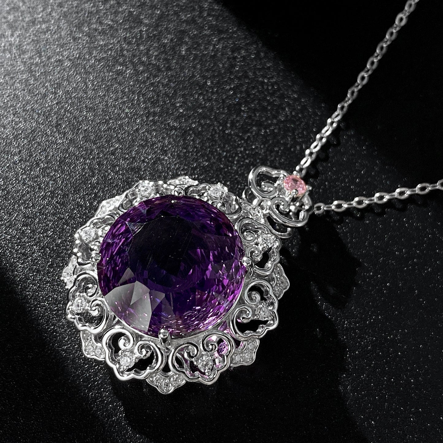 Luxurious S925 Silver Set Natural Amethyst Pendant Female Vintage Pattern Senior Jewelry Quality Sweater Chain - GM Traders
