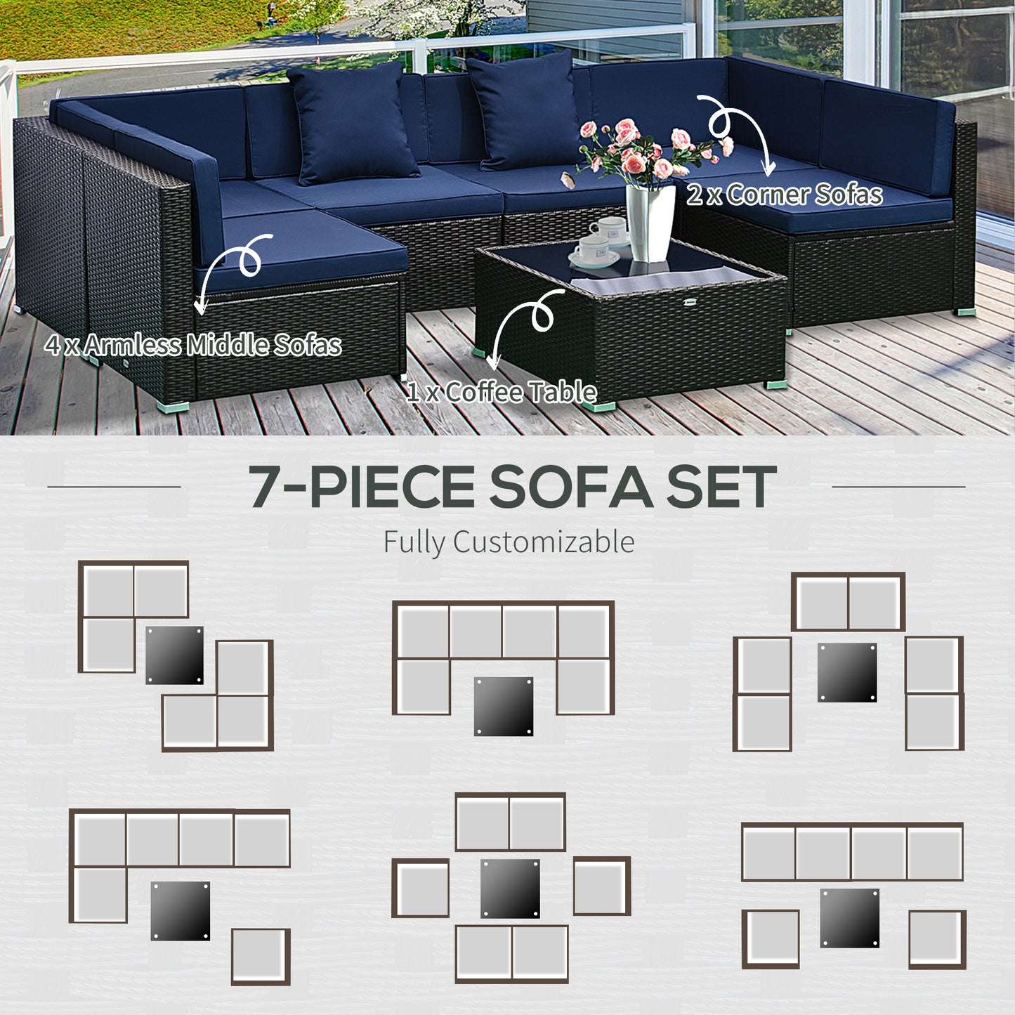 7-Piece Rattan Couch, Outdoor Patio Furniture Set, With Removable Cushions And Ottoman, Glass Coffee Table- Dark Coffee Blue - GM Traders