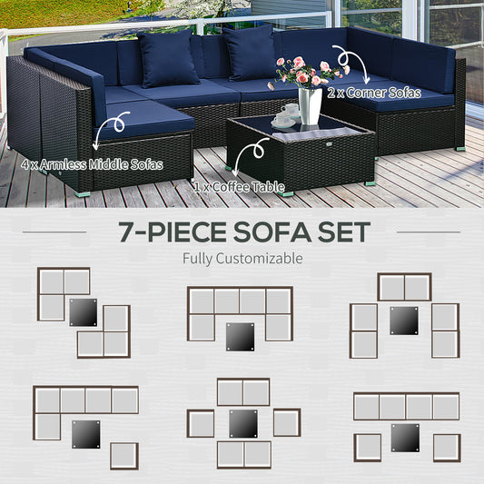 7-Piece Rattan Couch, Outdoor Patio Furniture Set, With Removable Cushions And Ottoman, Glass Coffee Table- Dark Coffee  Blue - GM Traders
