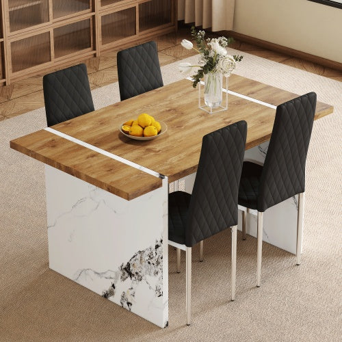 “5-Piece Dining Set – Natural Wood Grain Table with 4 Modern Black Chairs” 🍽️✨ - GM Traders