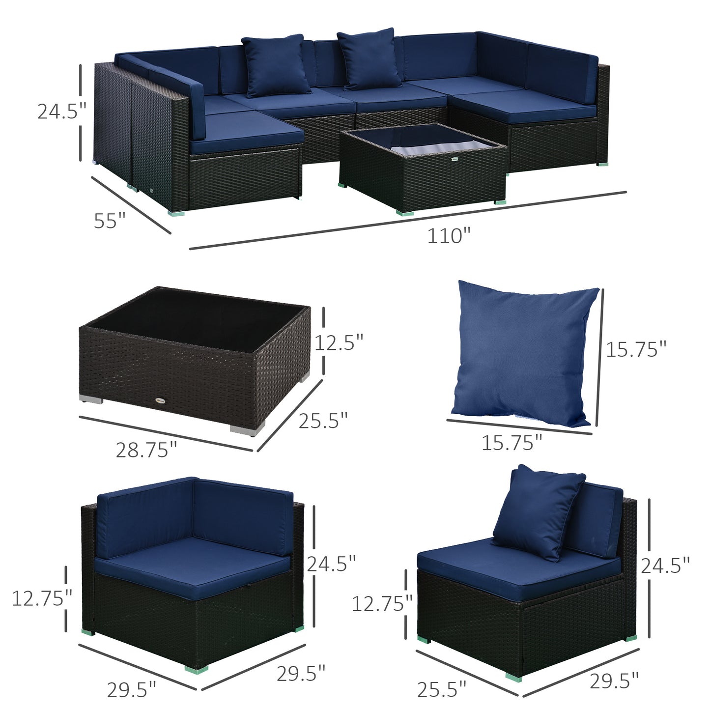7-Piece Rattan Couch, Outdoor Patio Furniture Set, With Removable Cushions And Ottoman, Glass Coffee Table- Dark Coffee  Blue - GM Traders