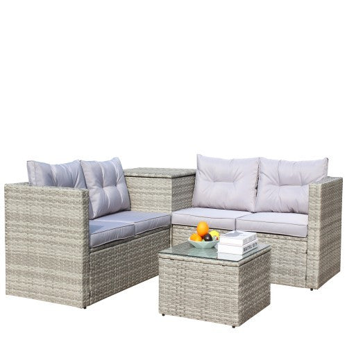 4 Piece Patio Sectional Wicker Rattan Outdoor Furniture Sofa Set With Storage Box Grey - GM Traders