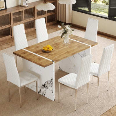 Table And Chair Set.Natural Wood Grain MDF Dining Table 55x31.5 Inch.Paired With 6 Modern Style Dining Chairs In Light Gray, Essential For Minimalist Homes.Blending Into Various Home Environments. - GM Traders