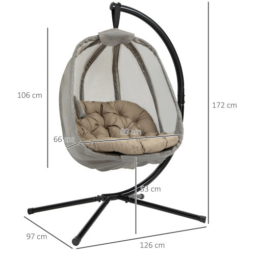 Outsunny Hanging Egg Chair, Folding Texteline Swing Hammock With Side Pocket, Cushion And Stand For Indoor Outdoor, Patio Garden Furniture, Khaki - GM Traders