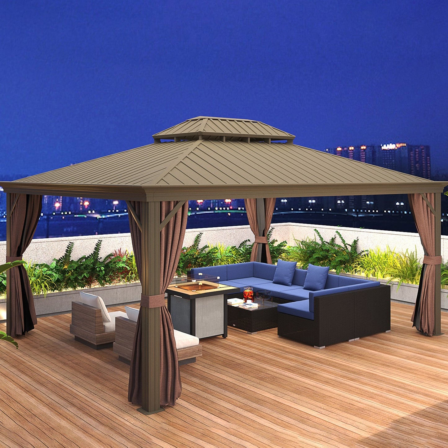 7-Piece Rattan Couch, Outdoor Patio Furniture Set, With Removable Cushions And Ottoman, Glass Coffee Table- Dark Coffee Blue - GM Traders