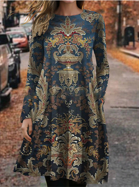 European And American Summer 3D Printing Dress Floral Round Neck Long Sleeve