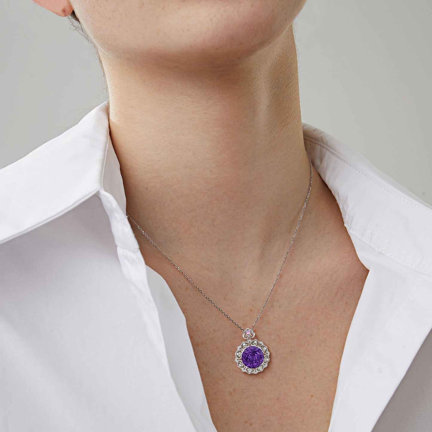 Luxurious S925 Silver Set Natural Amethyst Pendant Female Vintage Pattern Senior Jewelry Quality Sweater Chain - GM Traders