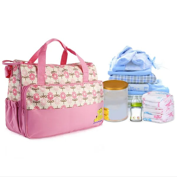 5PCS Baby Nappy Diaper Bags Set Mummy Diaper Shoulder Bags W Nappy Changing Pad Insulated Pockets Travel Tote Bags - GM Traders