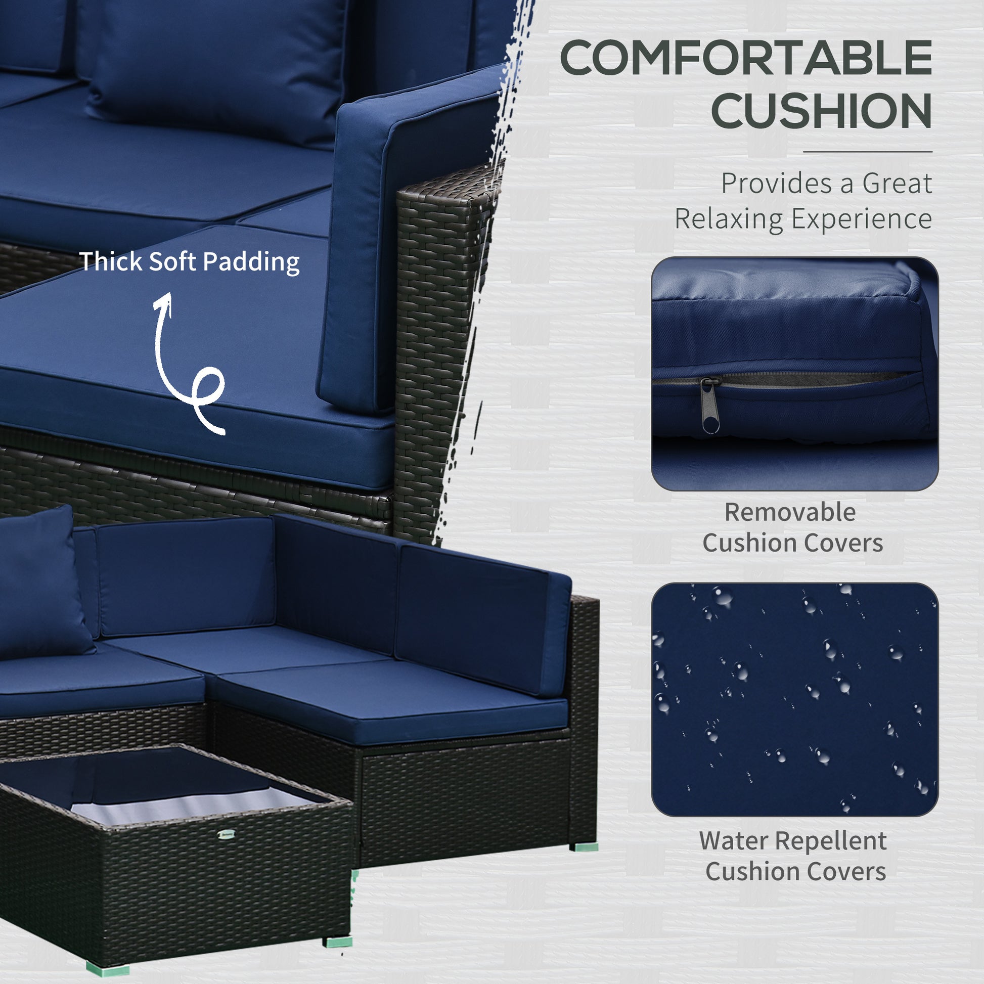 7-Piece Rattan Couch, Outdoor Patio Furniture Set, With Removable Cushions And Ottoman, Glass Coffee Table- Dark Coffee  Blue - GM Traders