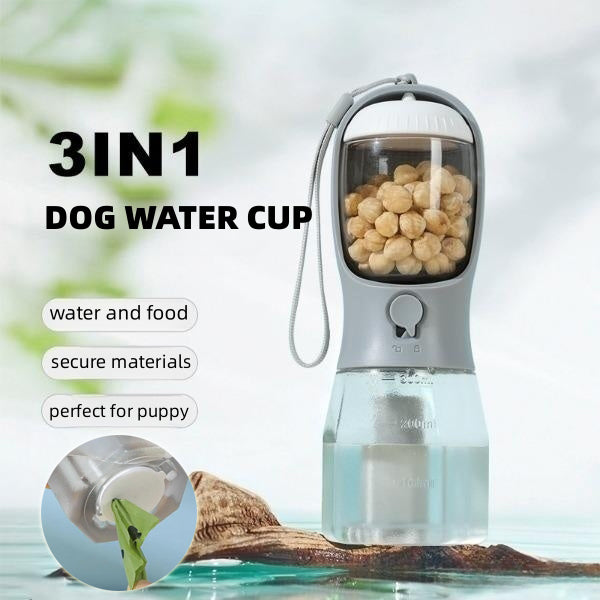 3-in-1 Portable Dog Water Bottle with Food Container & Waste Bag Holder | Leakproof Pet Travel Cup | Outdoor Puppy Drinking Bottle
