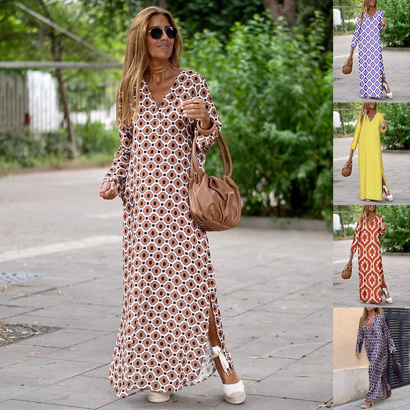 Women’s Summer Long Dress – Geometric Print V-Neck with Slit