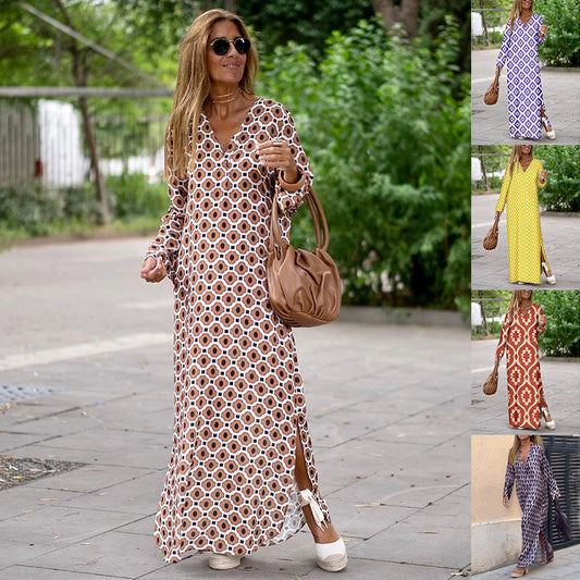 Women’s Summer Long Dress – Geometric Print V-Neck with Slit