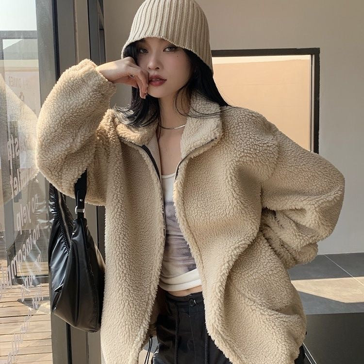 Lamb Wool Coat for Women – Beige & Brown Casual Japanese/Korean Style (M–3XL) | Winter