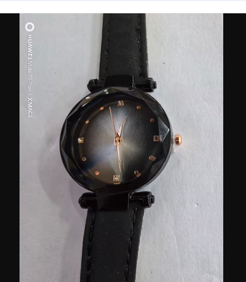 Rose gold diamond starry sky women’s watch with black leather strap
