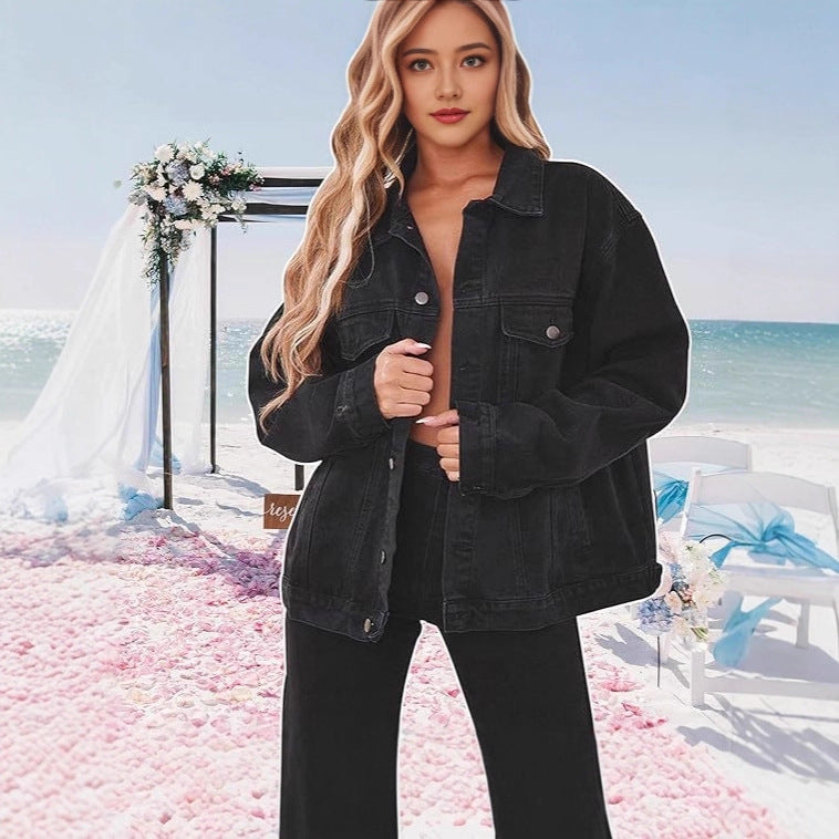 Fashion Denim Jacket Top for Women – Black Loose Fit (S–2XL)