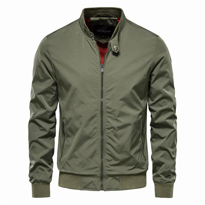 Men’s Casual Solid Zip-Up Jacket – Stand Collar Long Sleeve Outerwear with Pockets