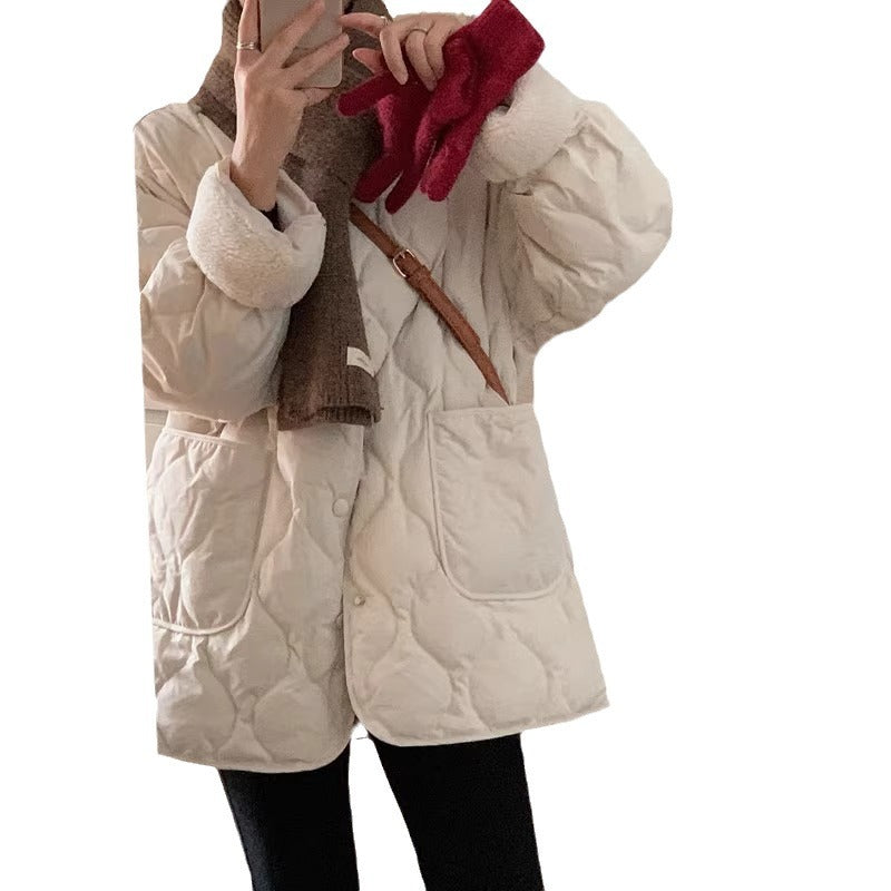 Collarless Fleece Lightweight Korean-Style Diamond Cotton Jacket – Apricot & Black (S–XL)