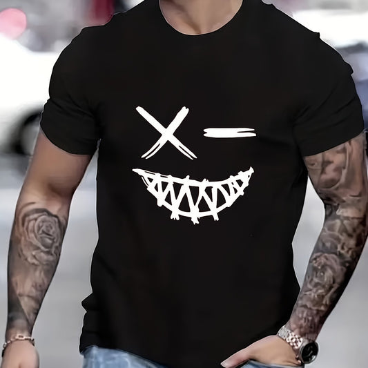 Men's Evil Smiling Face Pattern Round Neck Short Sleeve T-shirt, Summer Street Trend Fashion Top, c - GM Traders