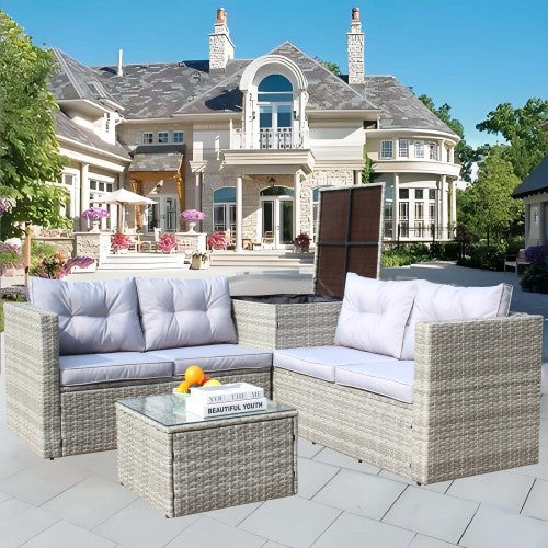 4 Piece Patio Sectional Wicker Rattan Outdoor Furniture Sofa Set With Storage Box Grey - GM Traders