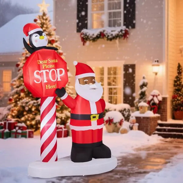 8.2FT Lighted Christmas Inflatable Decoration – Black Santa & Road Sign with LED Lights for Yard & Lawn