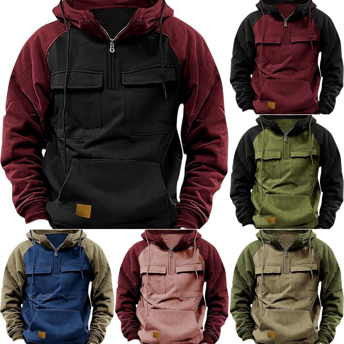 Fall Winter Retro Cargo Half-Zip Hoodie for Men – Thick Fleece Multi-Pocket Outdoor Jacket | Dubai UK USA