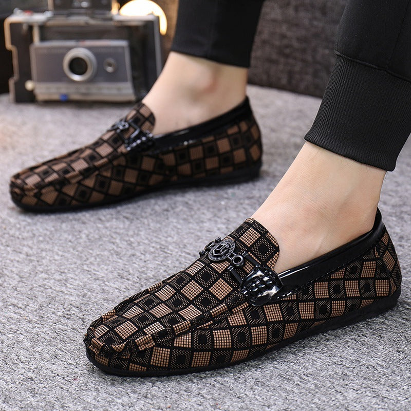 Brown and black checkered loafers with metallic accents from Lazy Man Plaid Shoes by Gleam Manor