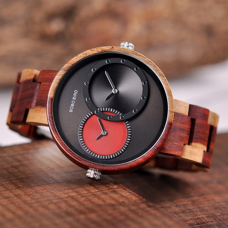 BOBO BIRD Thin Men Watch Original Wood Watches 2 Time Zone Display Quartz Wristwatch horloges mannen - GM Traders
