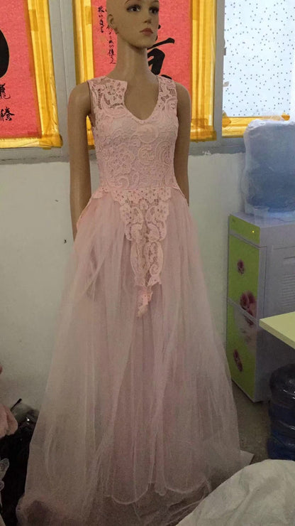 Women Wedding Dress Sleevless Flowers Lace Dress - GM Traders