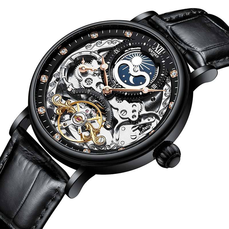 New KINYUED genuine automatic leather men's watch watches hollow mechanical watches travel time accurate - GM Traders
