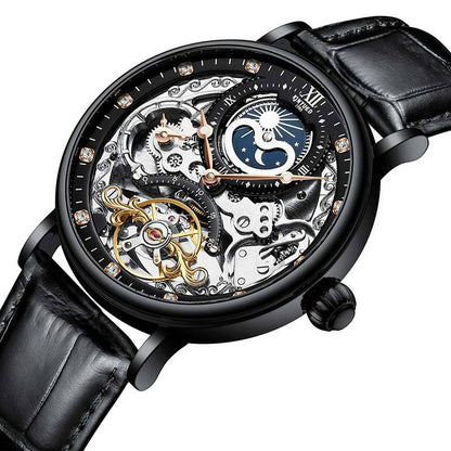 New KINYUED genuine automatic leather men's watch watches hollow mechanical watches travel time accurate - GM Traders