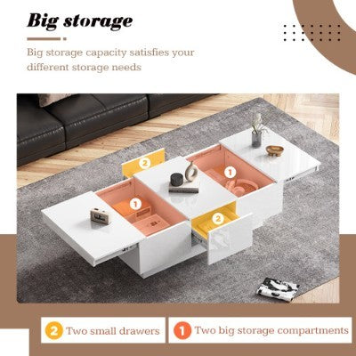 Coffee Table For Living Room, Modern Side Table Wooden Centre Table, White High Gloss Coffee Tea Tables With 2 Drawers And 2 Big Storage Space For Home Office Furniture