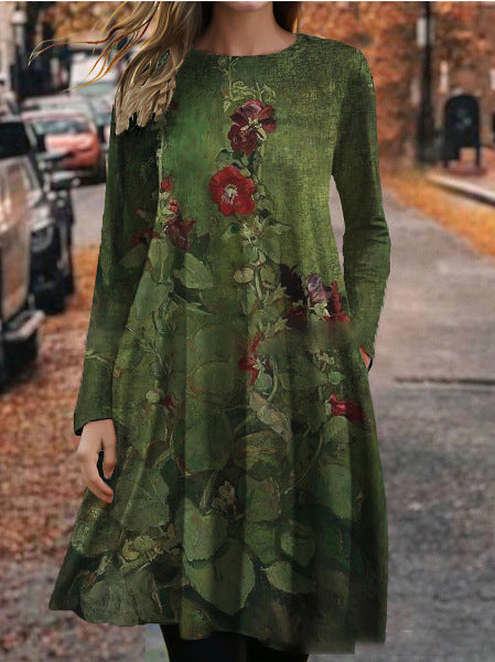 European And American Summer 3D Printing Dress Floral Round Neck Long Sleeve