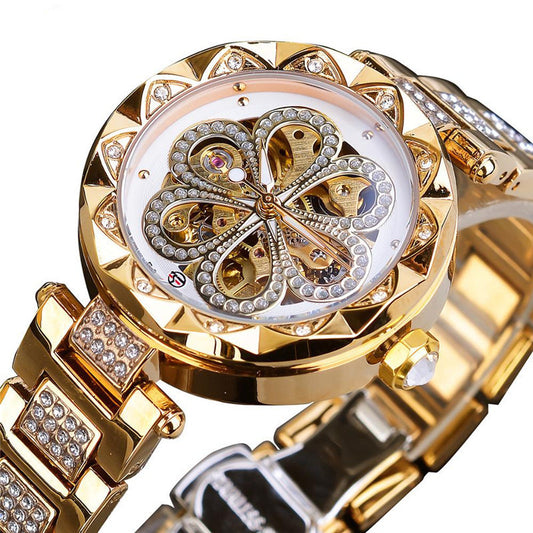 Forsining Mechanical Automatic Ladies Watches Top Brand Luxury Rhinestone Female Wrist Watches Rose Gold Stainless Steel Clock - GM Traders