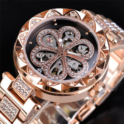 Forsining Mechanical Automatic Ladies Watches Top Brand Luxury Rhinestone Female Wrist Watches Rose Gold Stainless Steel Clock - GM Traders