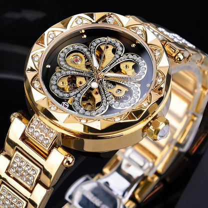 Forsining Mechanical Automatic Ladies Watches Top Brand Luxury Rhinestone Female Wrist Watches Rose Gold Stainless Steel Clock - GM Traders