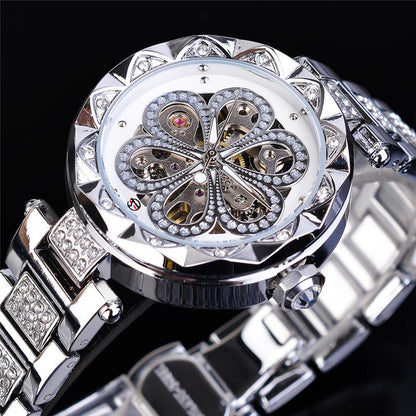 Forsining Mechanical Automatic Ladies Watches Top Brand Luxury Rhinestone Female Wrist Watches Rose Gold Stainless Steel Clock - GM Traders