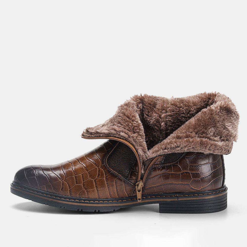 Brown crocodile leather winter boots with fur lining and zipper