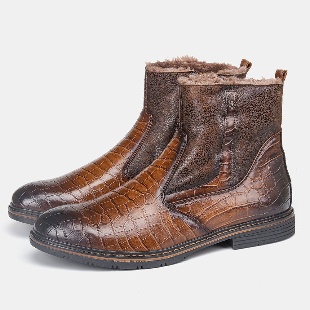 Brown crocodile leather winter boots with fur lining and zipper
