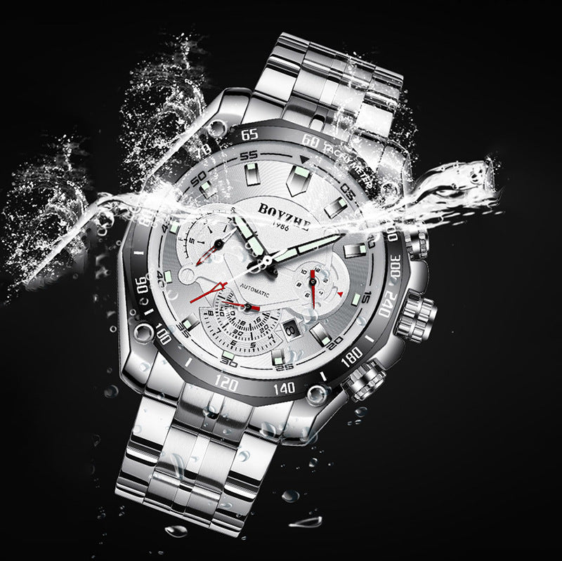BOYZHE Certified Brand Watch Steel Belt Week Display Luminous Waterproof Fashion Sports Men Mechanical Watches - GM Traders