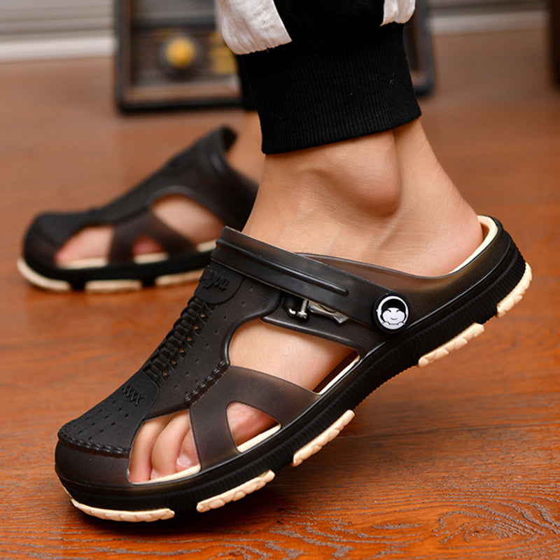 Mens comfortable black and brown croc flip flops beach sandals