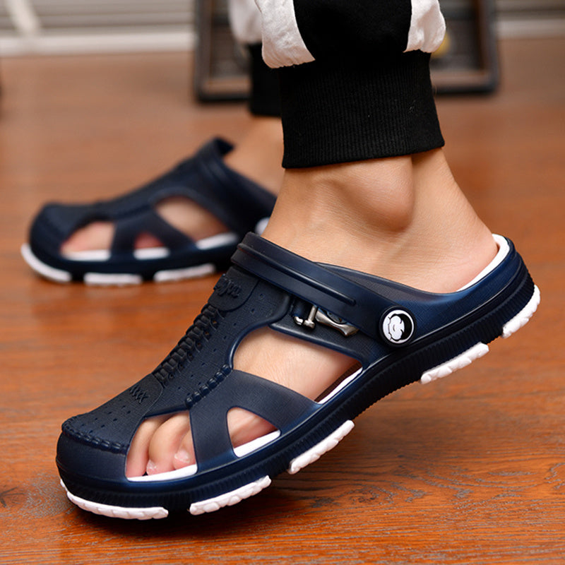 Mens comfortable navy blue flip flops beach sandals with white accents