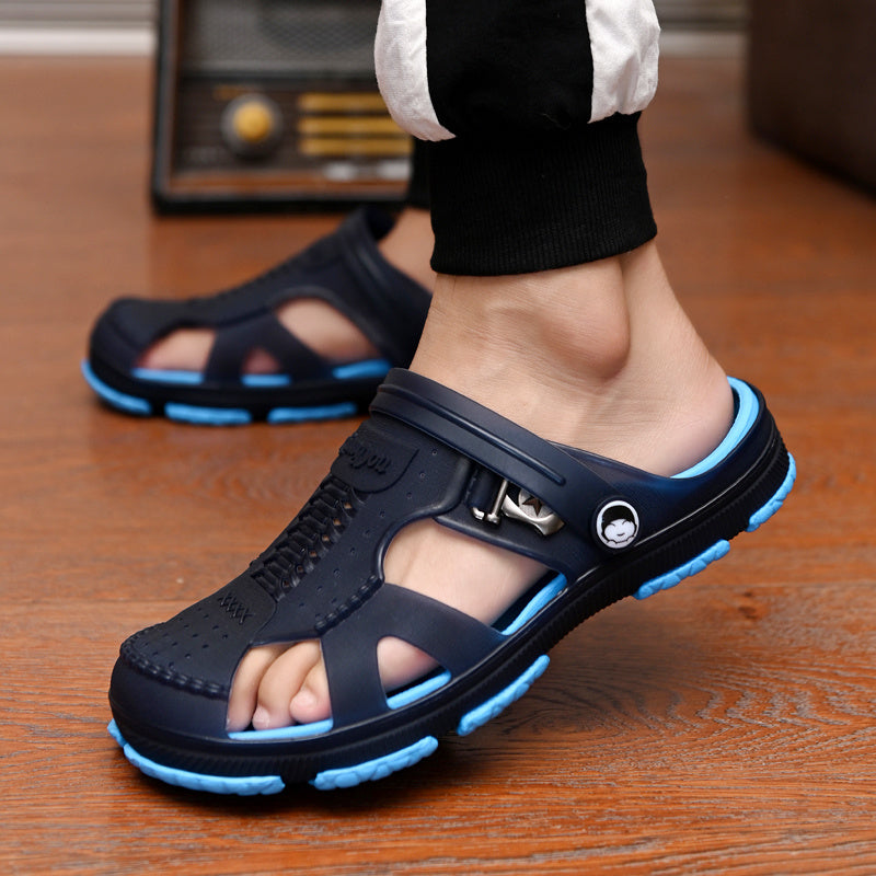 Mens comfortable black and blue flip flops beach sandals with textured rubber sole