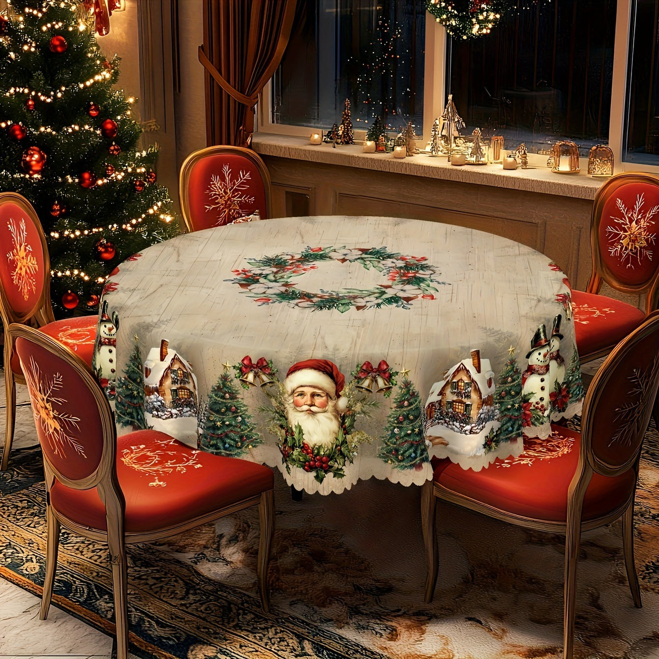 Christmas Round Tablecloth with Santa Claus – Holiday Table Flag for Festive Dining & Home Decoration