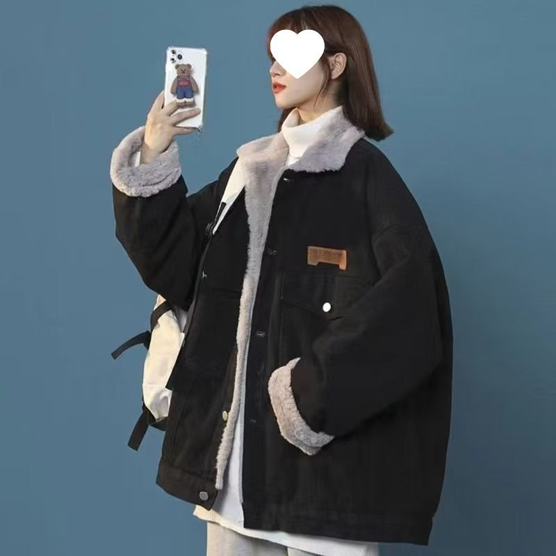 Hong Kong Style Denim Cotton Jacket with Lamb Fur – Literary Retro Women (M–4XL)