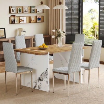 Table And Chair Set.Natural Wood Grain MDF Dining Table  55x31.5 Inch.Paired With 6 Modern Style Dining Chairs In Light Gray, Essential For Minimalist Homes.Blending Into Various Home Environments. - GM Traders