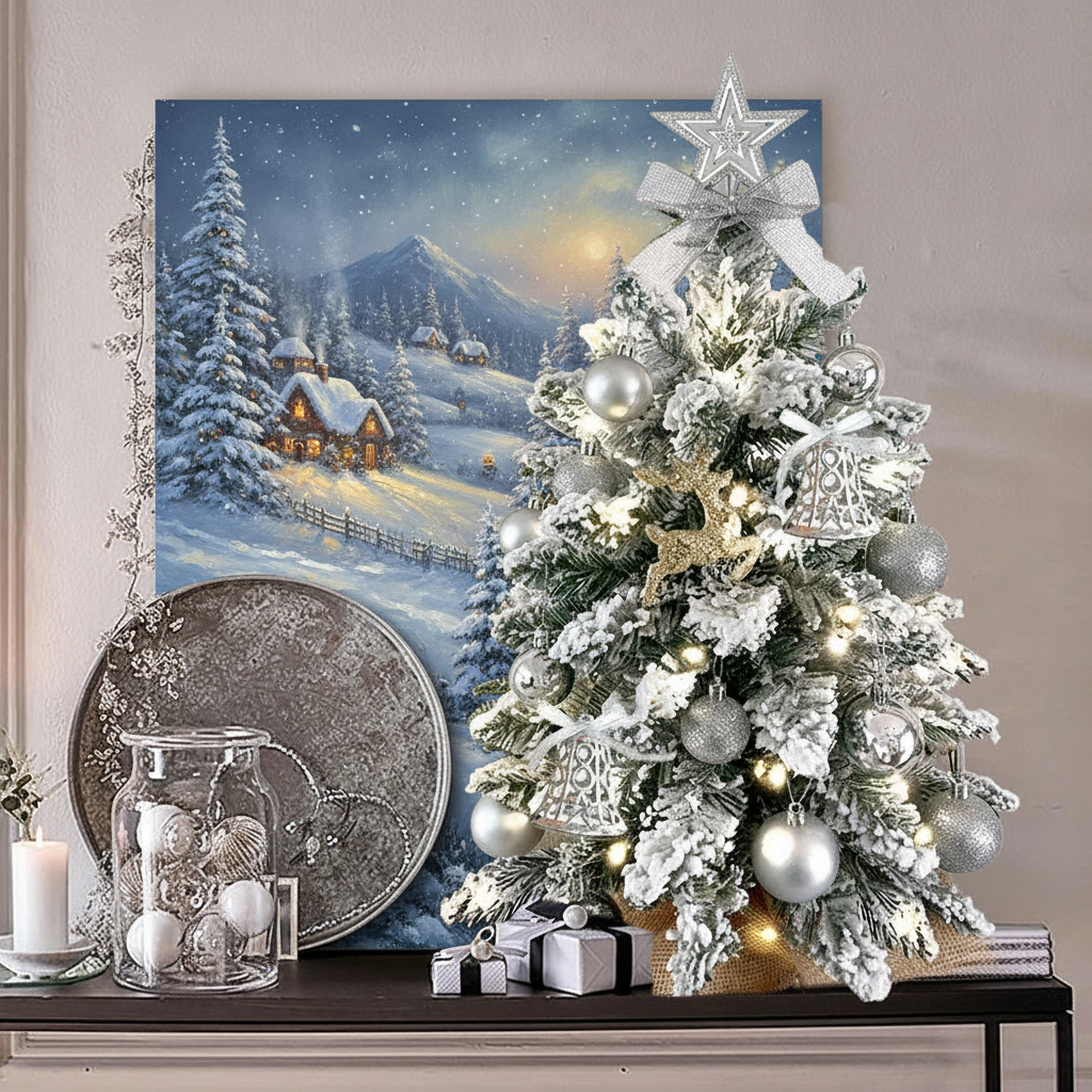 2ft Mini Christmas Tree With Light Artificial Small Tabletop Christmas Decoration With Flocked Snow, Exquisite Decor & Xmas Ornaments For Table Top For Home & Office
